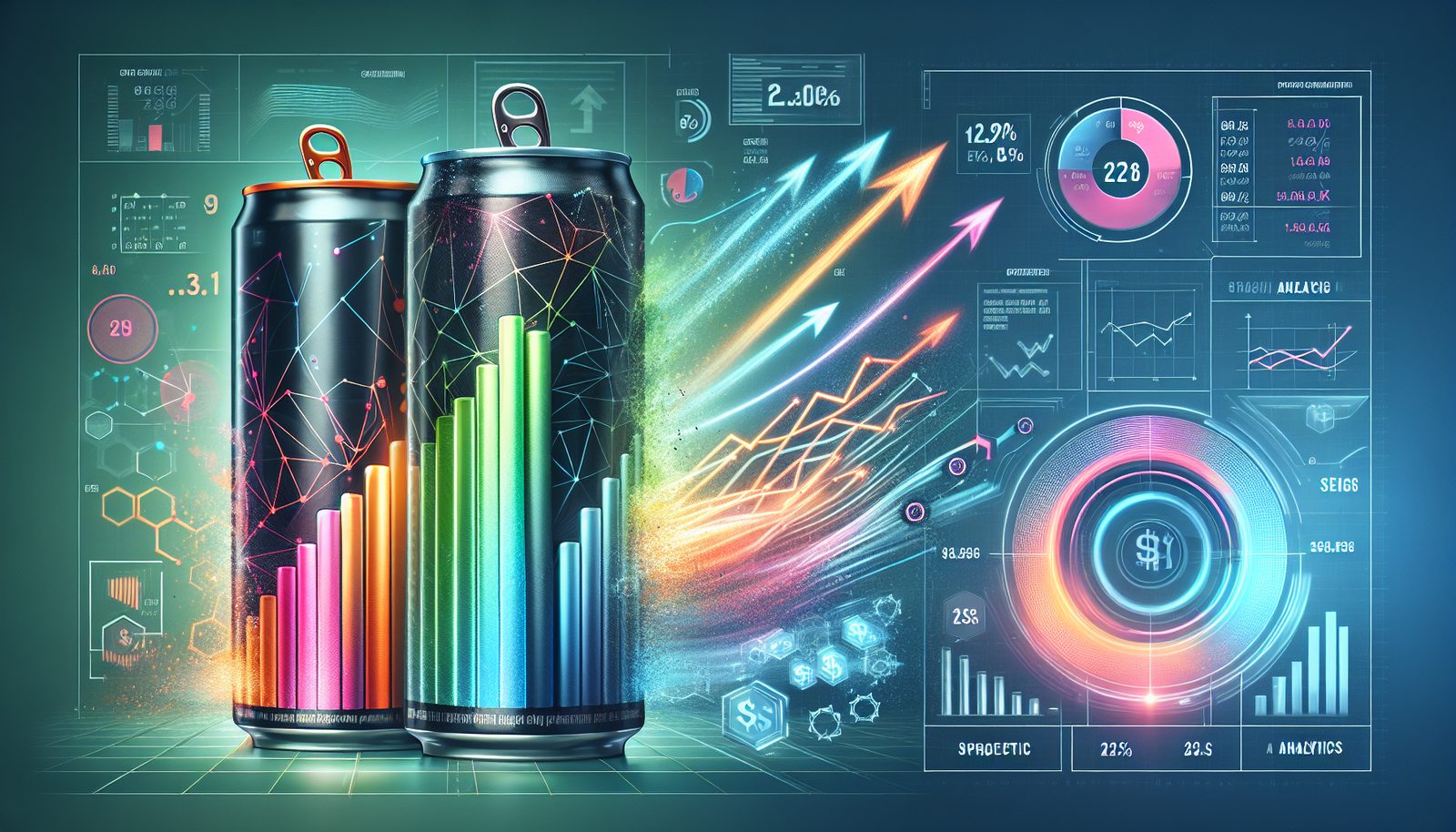 Celsius and Alani Nu energy drink cans symbolizing a strategic acquisition, with analytics data in the foreground.