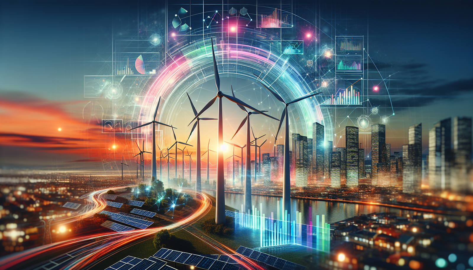 A futuristic city skyline with wind turbines and solar panels, illustrating Chevron's energy evolution and the insights from EarningsCall SamurAI.