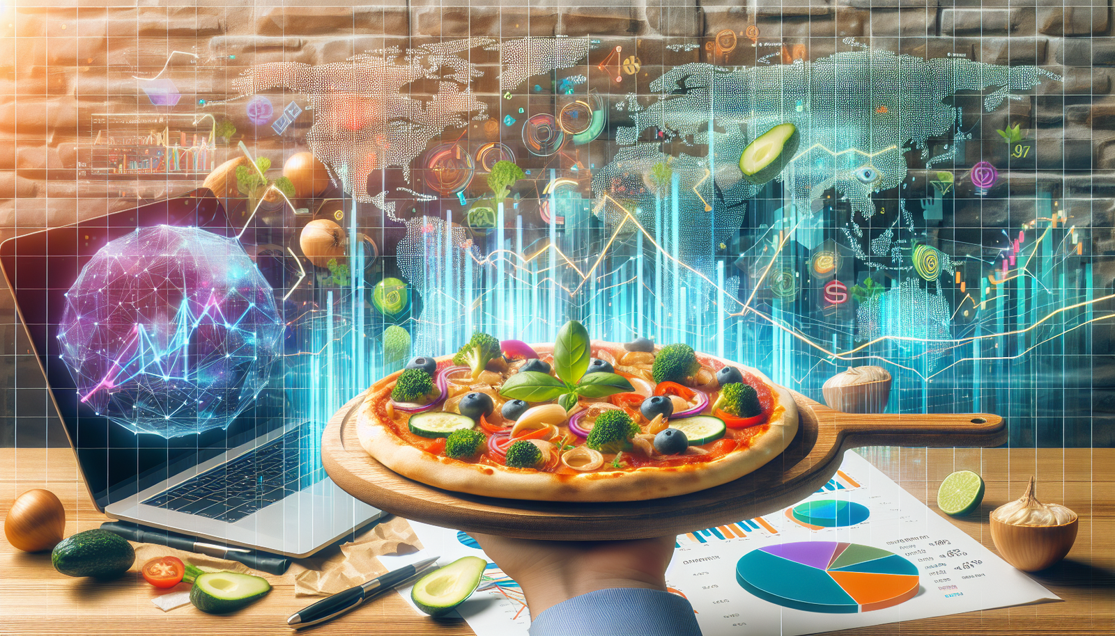 A delicious pizza alongside financial charts and a laptop showcasing AI analytics.