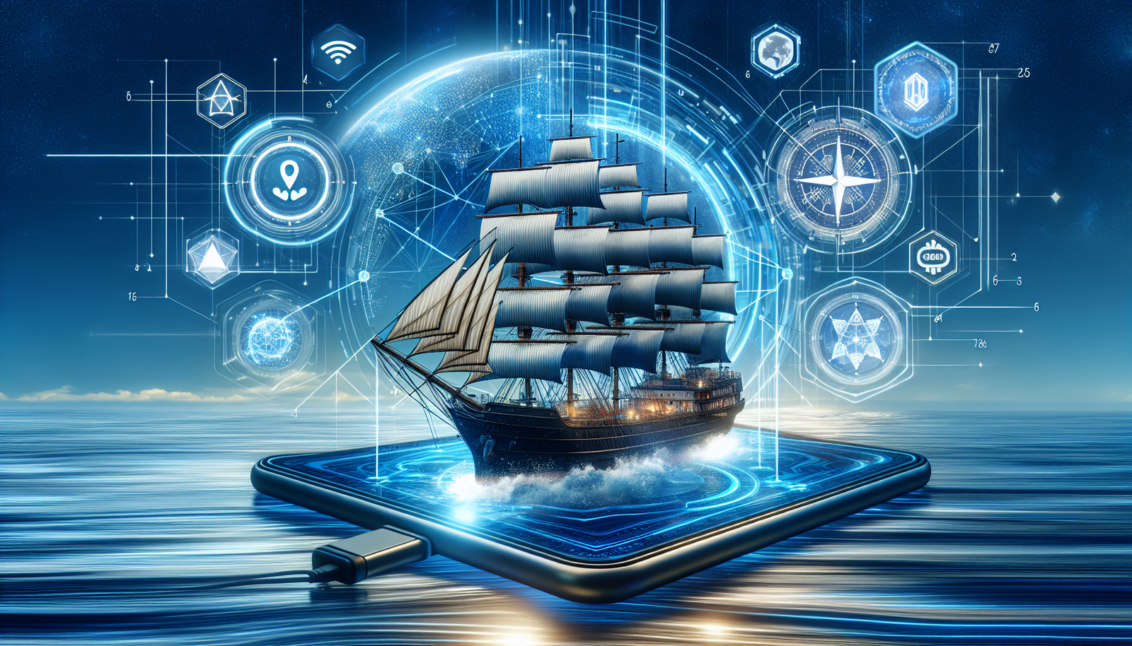 A merchant ship navigating a digital sea with brand logos and AI elements.