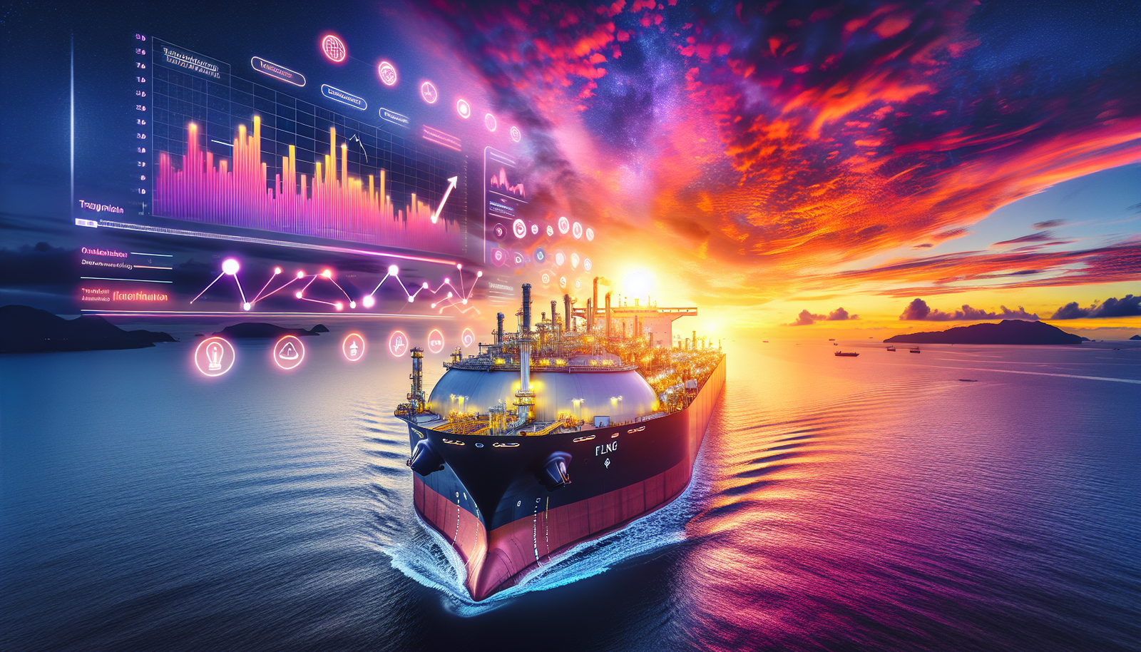 Golar LNG FLNG vessel Hilli with sunset background, showcasing transformation metrics.