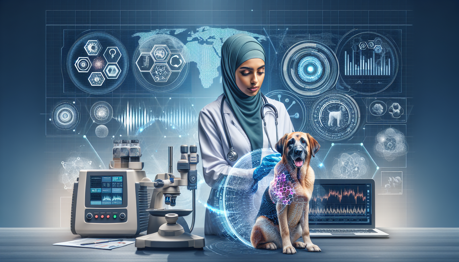 Veterinarian using IDEXX technology in a modern clinic while analyzing financial data with AI insights.