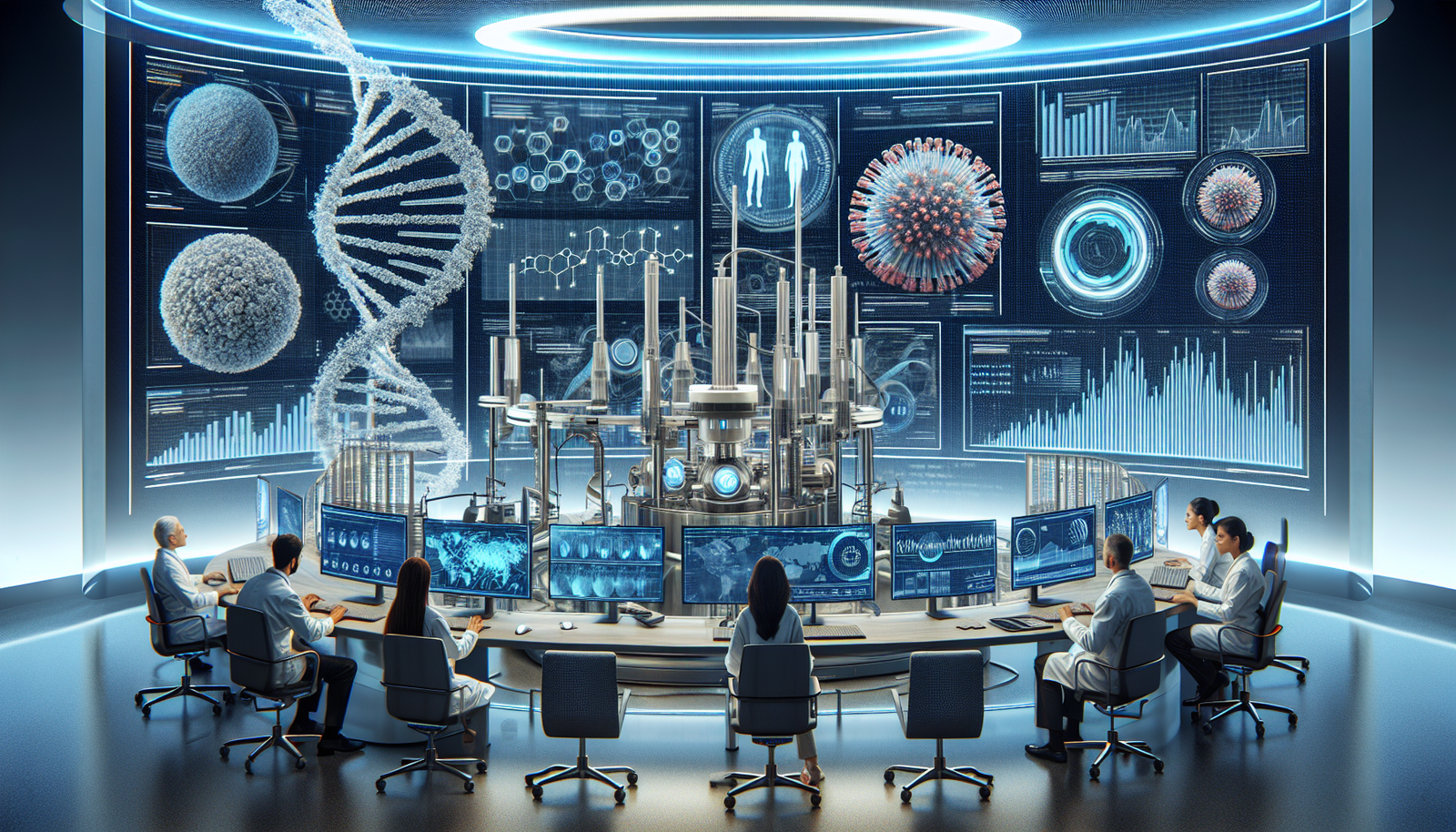 Futuristic laboratory with genomic technology and financial data analysis.