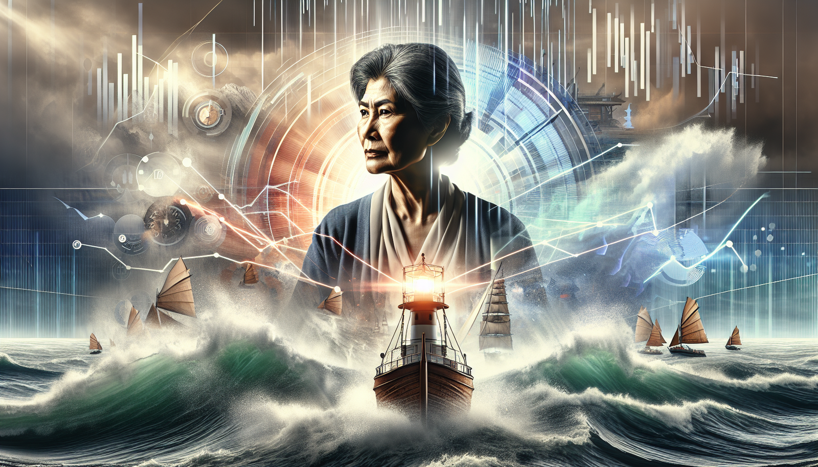 A ship captain navigating stormy seas with a lighthouse in the background, symbolizing LKQ Corporation's resilience and the role of EarningsCall SamurAI in financial analysis.