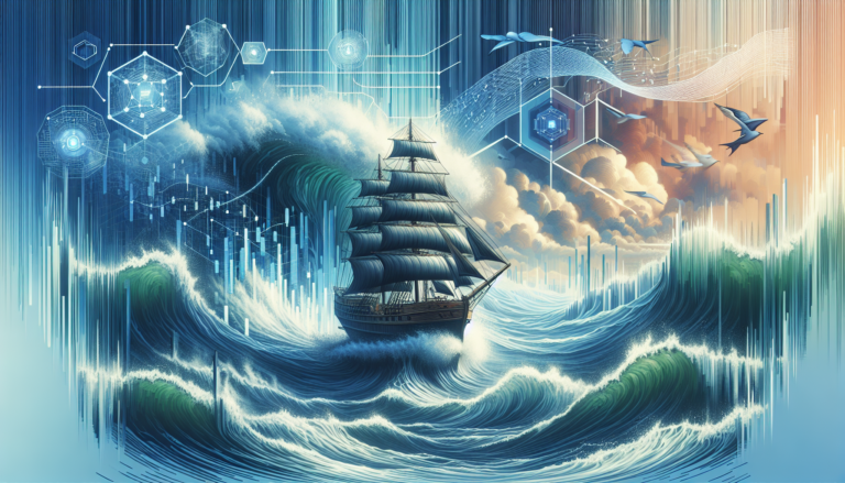 A ship sailing through rough waters with AI data elements in the sky, representing TE Connectivity's Q1 2025 performance amid challenges.