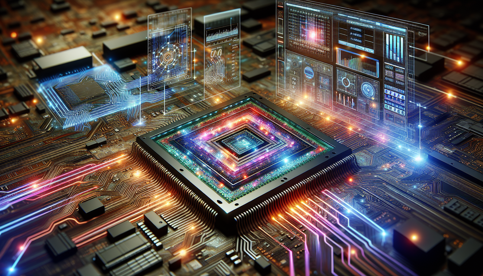 Futuristic semiconductor chip design process with AI data analytics interface