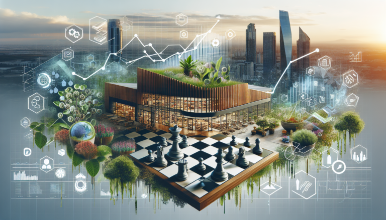 Retail landscape representing TJX Companies' resilience and growth strategy, featuring chessboard, garden, and sales graph.