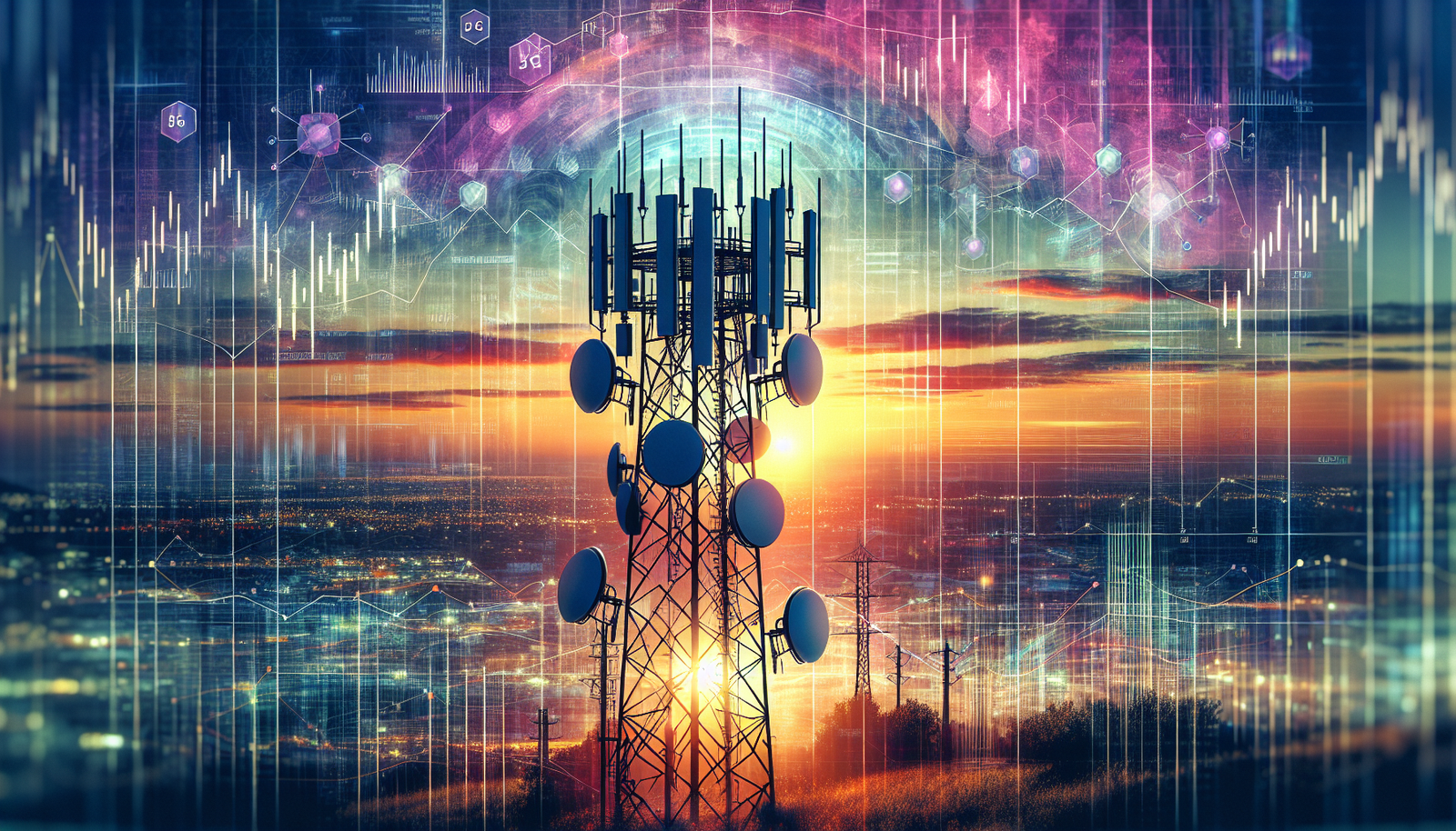 Telecommunications tower with 5G antennas and financial graph overlays