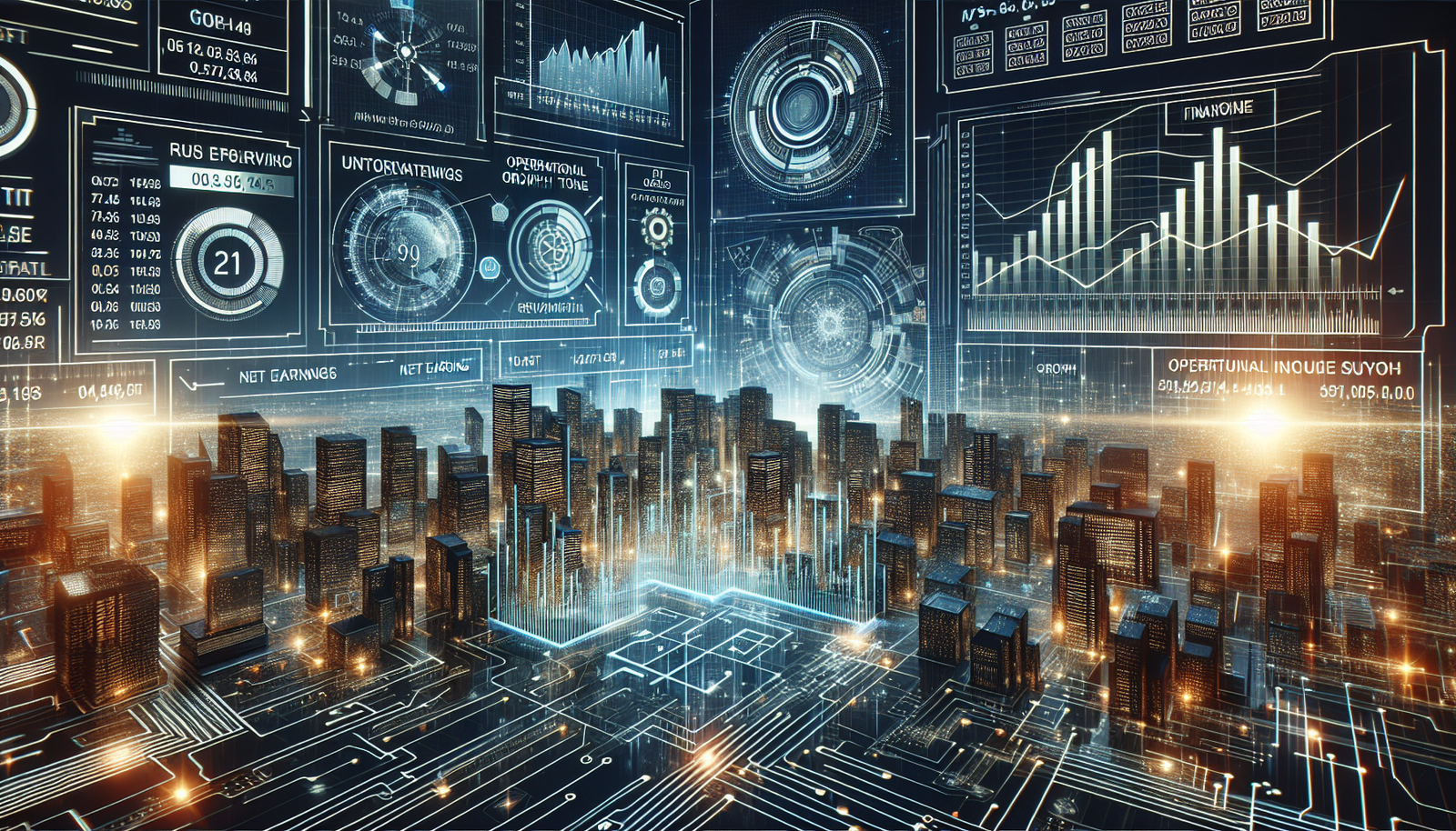 A digital interface displaying financial data and analytics with a city skyline in the background, representing ICE's success in financial markets.