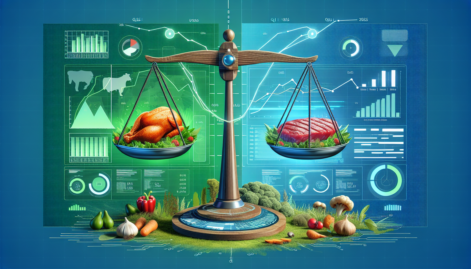 Visual representation of Tyson Foods' Q1 2025 performance, showcasing chicken and beef segments against a backdrop of data analytics.