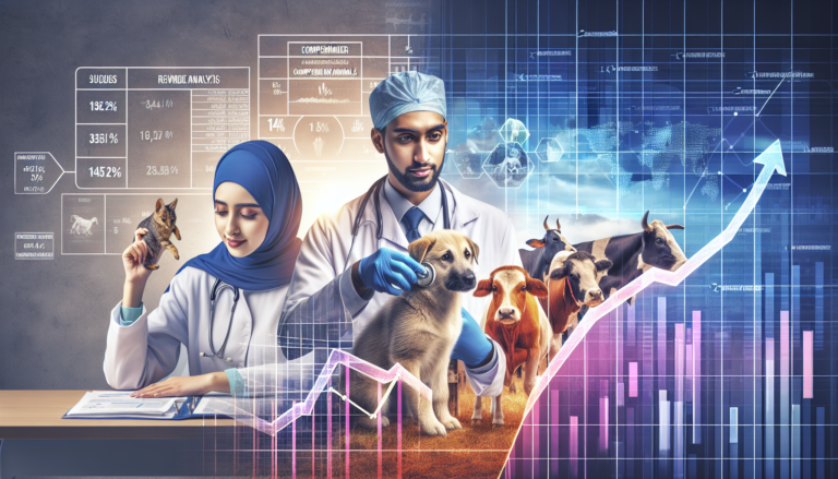 Veterinarian with a dog and cow, illustrating Zoetis's dual market strategy in animal health alongside financial growth charts.