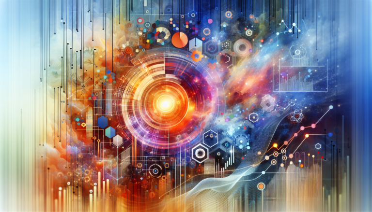 A digital canvas illustrating Adobe's financial performance and AI innovations in Q1 2025.