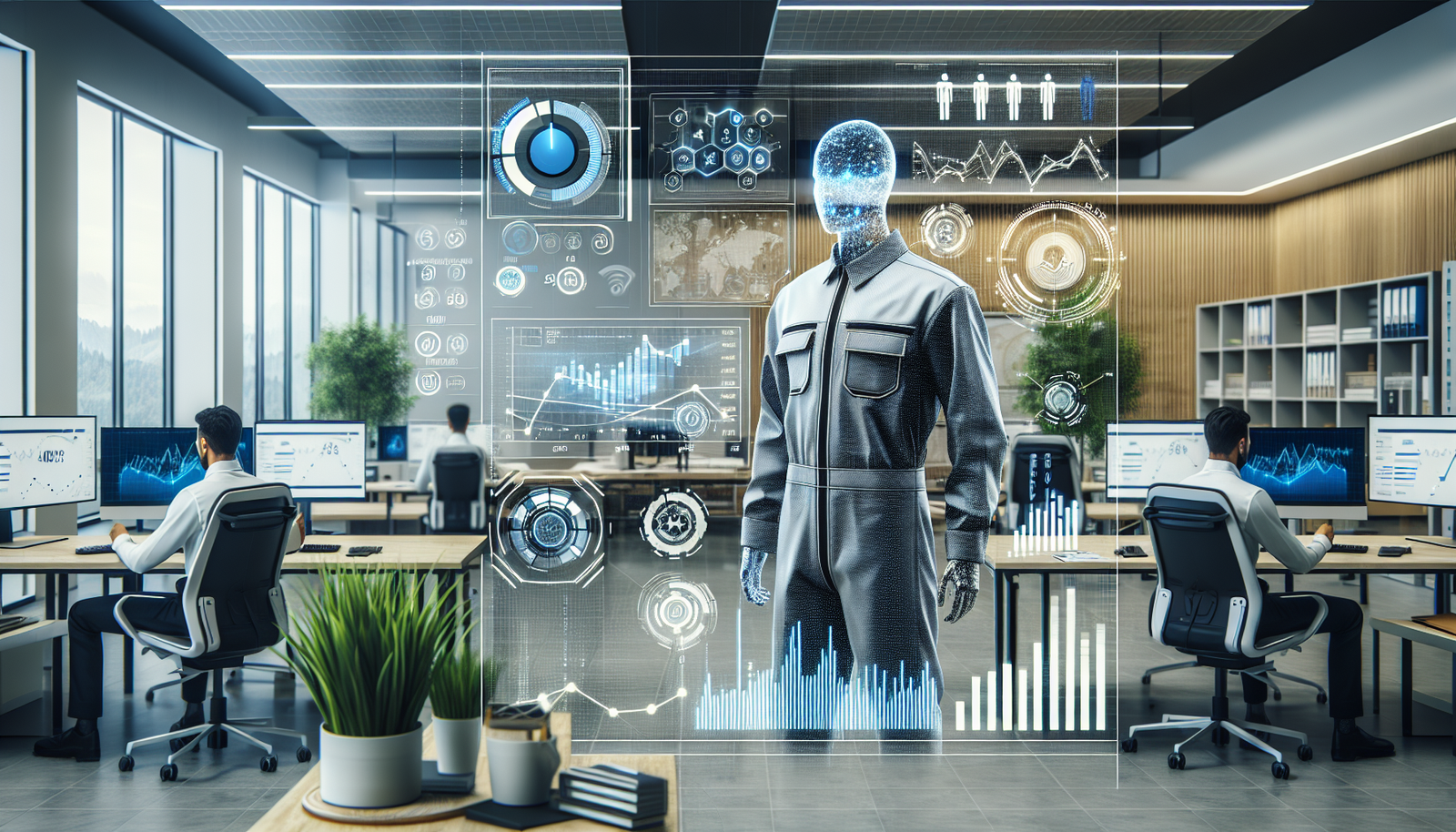 Cintas uniforms in a corporate workspace with digital analytics dashboard