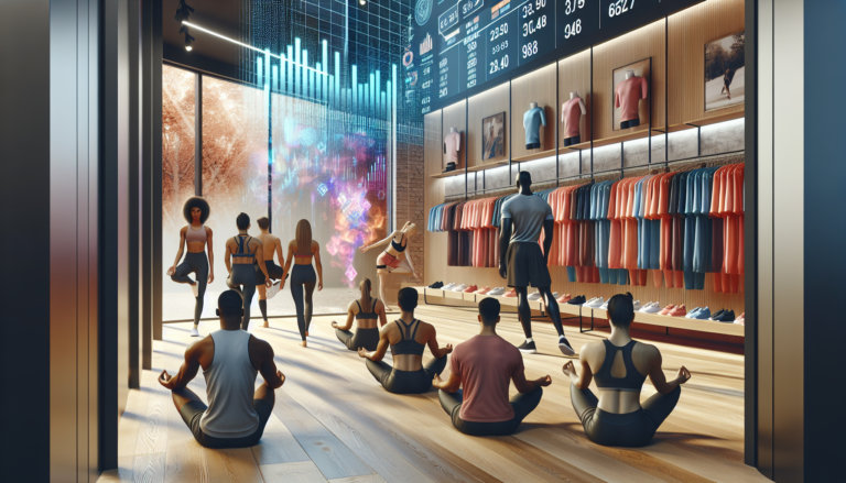 A dynamic Lululemon storefront with people practicing yoga and digital screens showcasing financial data.