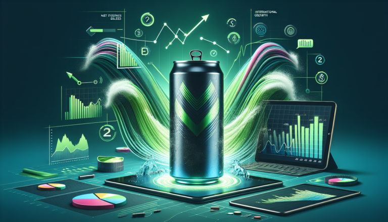 A vibrant display of a Monster Energy can with financial growth graphics and EarningsCall SamurAI interface.