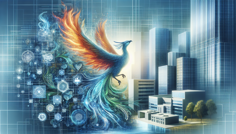 A phoenix rising over modern office buildings, representing transformation in commercial real estate.