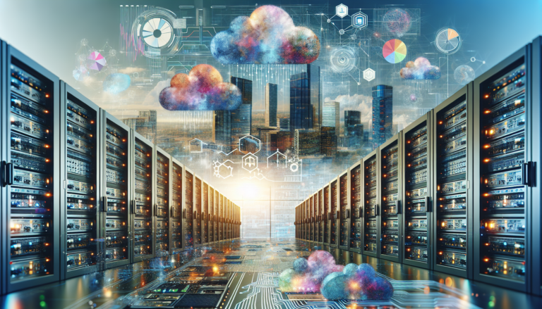 A digital landscape with servers, cloud graphics, and AI technology representing NetApp's financial growth and transformation.