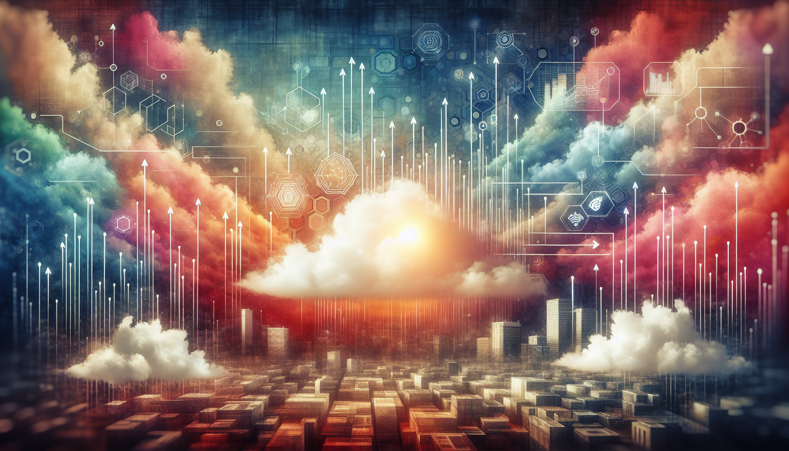 A modern cloud skyline representing Oracle's growth in cloud computing and AI, with visual elements of financial analytics.