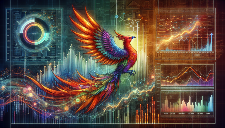 A phoenix rising with financial charts, symbolizing loanDepot's resilience and transformation supported by AI insights.